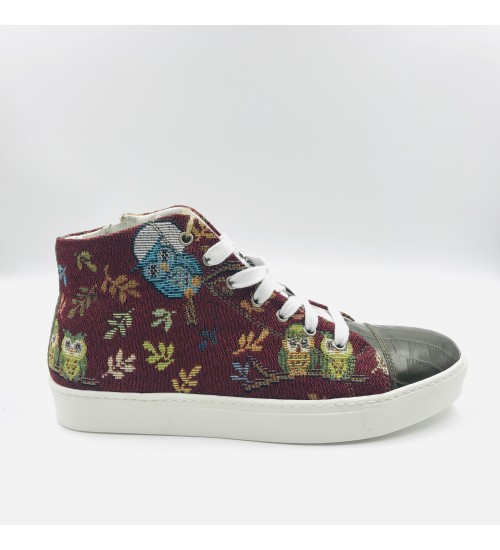 Handmade shoes Red Owl Gobelin and Green Coco Leather